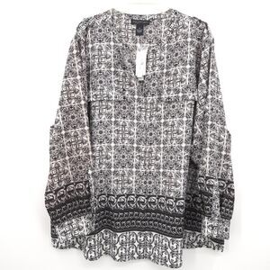 Joan Voss NWT button up blouse womens Plus Size 3X black white print long sleeve